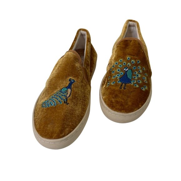 Soludos Women's Velvet Gold Embroidered Peacock Slip-On Shoes Size 7 - Picture 1 of 10